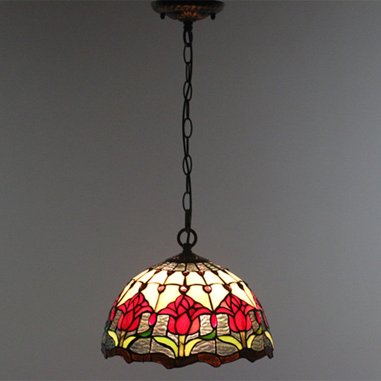 Traditionelle 1-flammige Tiffany-Pendelleuchte mit Blumenmotiv aus Buntglas und Eisenschirm für Wohn- und Schlafzimmer 