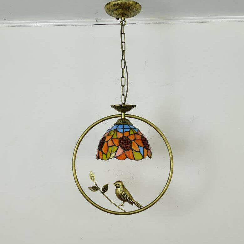 Tiffany Rustic Dome Stained Glass Ring Bird Design 1-Light Pendant Light