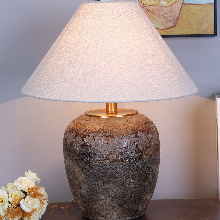 Chinese Retro Vase Base Ceramic Linen 1-Light Table Lamp