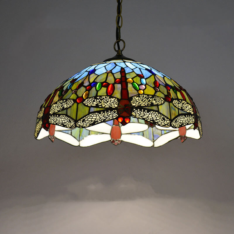 Lámpara colgante de 1 luz con cúpula de vidrio teñido estilo Tiffany Rustic 