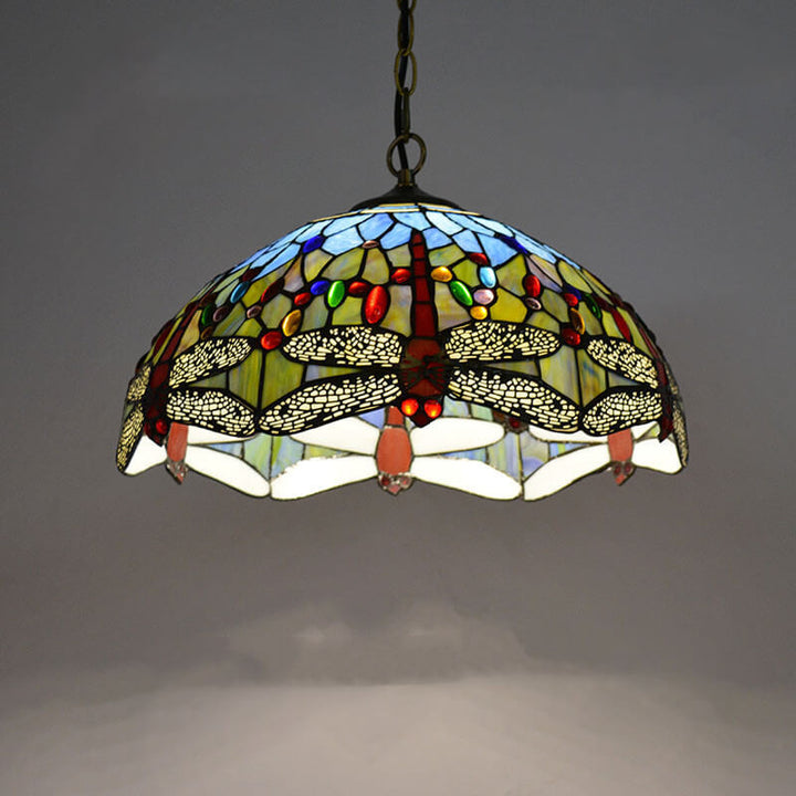Lámpara colgante de 1 luz con cúpula de vidrio teñido estilo Tiffany Rustic 