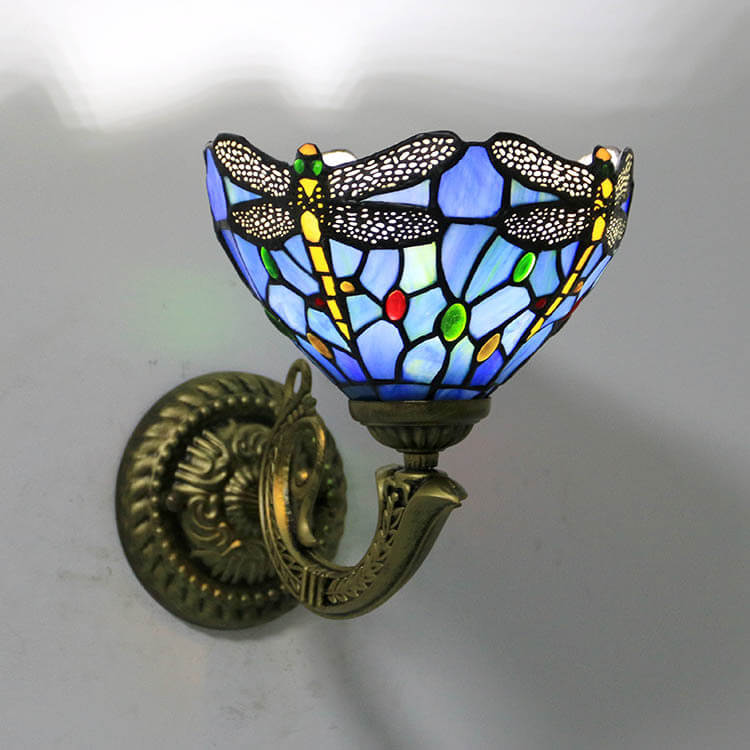 Tiffany Cup Dragonfly Tulip Zinc Alloy Stained Glass 1-Light Wall Sconce Lamp