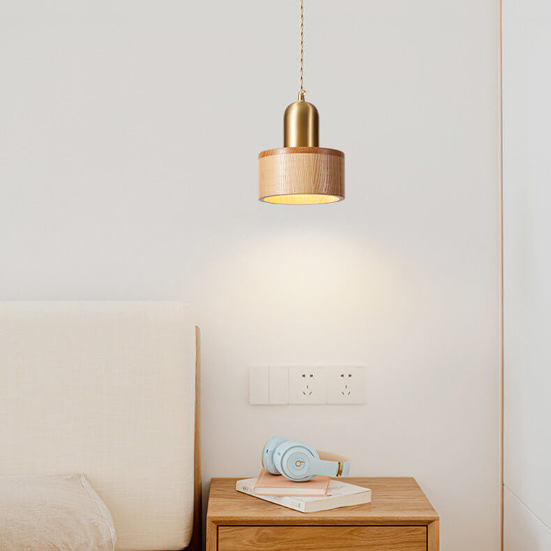 Traditional Vintage Ash Wood Walnut Geometric Round Cone Brass 1-Light Pendant Light for Living Room