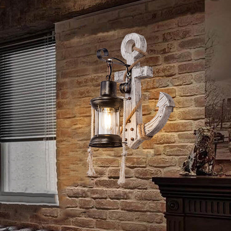 Aplique de pared de 1 luz con ancla de barco vintage industrial de madera maciza 