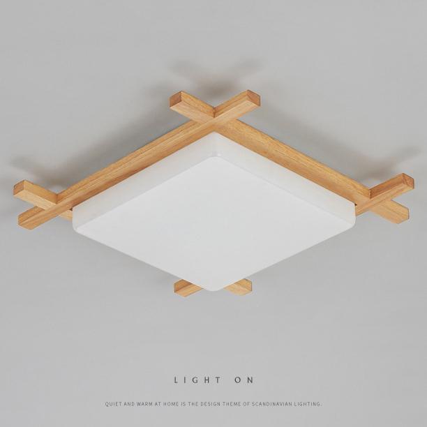 Moderne quadratische Deckenleuchte aus massivem Holz im japanischen Tatami-Stil mit LED 