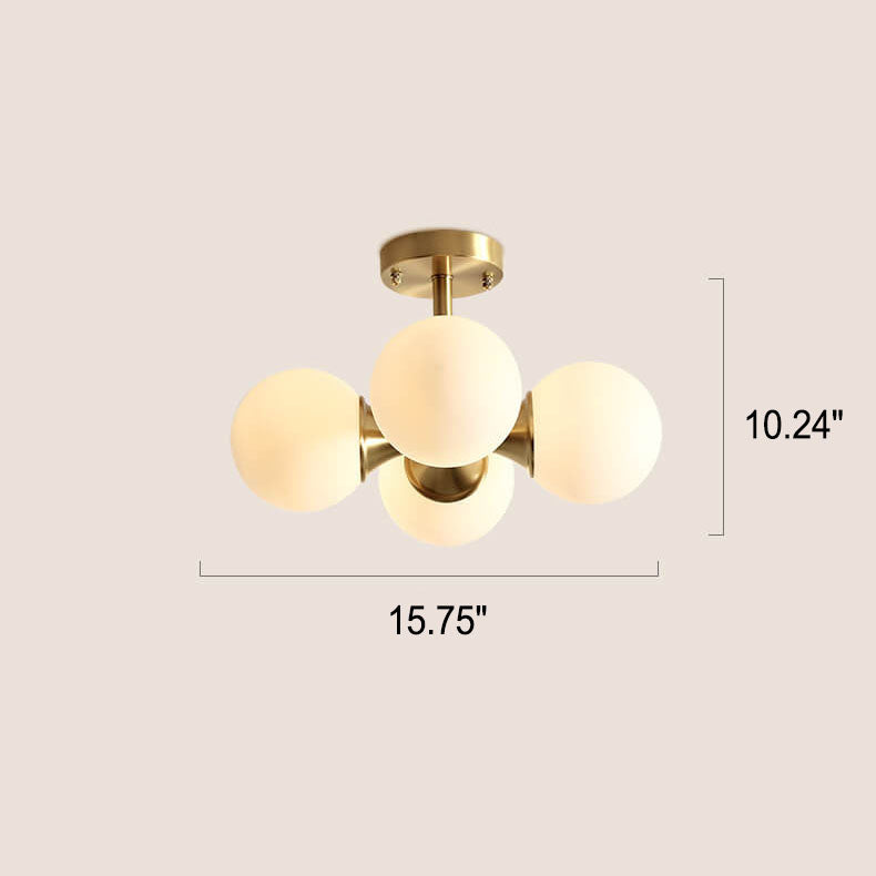 Modern Light Luxury Brass Glass Orb 4-Light Semi-Flush Mount Ceiling Light