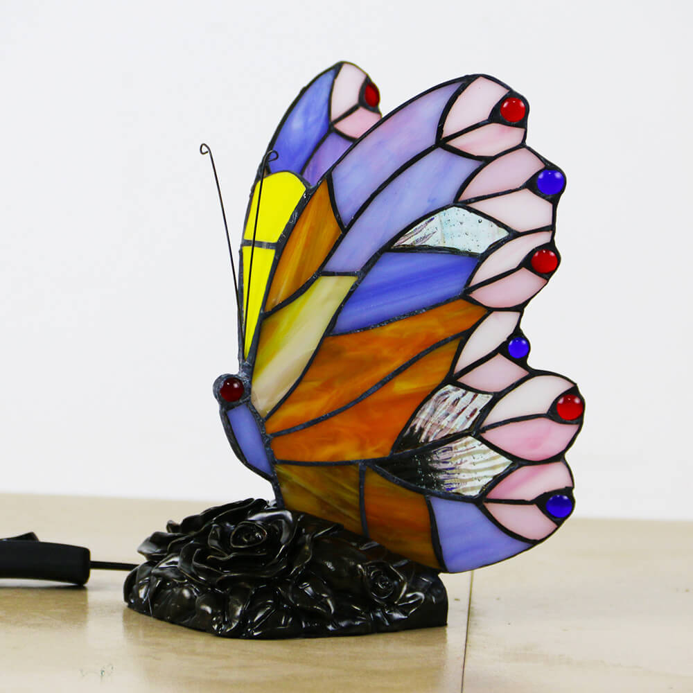 Traditionelle Tiffany-Glas-Harz-Schmetterlingsform Nachtlicht 1-flammige Tischlampe für Schlafzimmer &amp; Wohnzimmer 