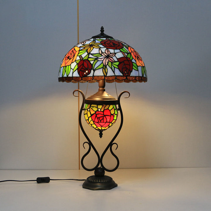 Traditional Tiffany Floral Stained Glass Iron Resin Round Pot 3-Light Table Lamp For Bedroom