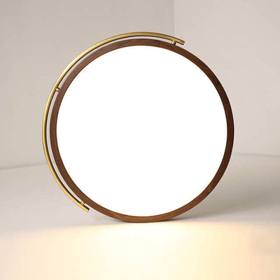 Modern Chinese Walnut Round Copper Ring LED Flush Mount Ceiling Light