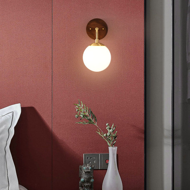 Contemporary Nordic Walnut Brass Glass Round Orb 1-Light Wall Sconce Lamp for Living Room