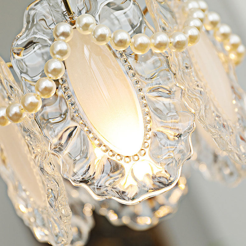 Traditional French Feather Pearl Petal Hardware Glass 1-Light Pendant Light For Bedroom
