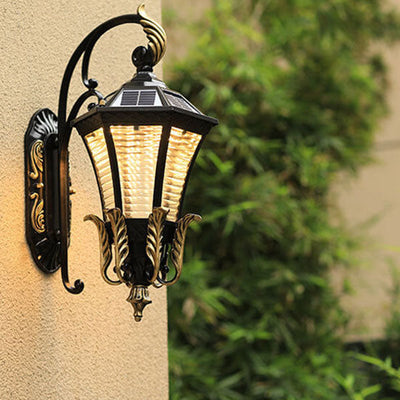 European Solar Hexagonal Lantern Outdoor Waterproof Patio LED Wall Sconce Lamp
