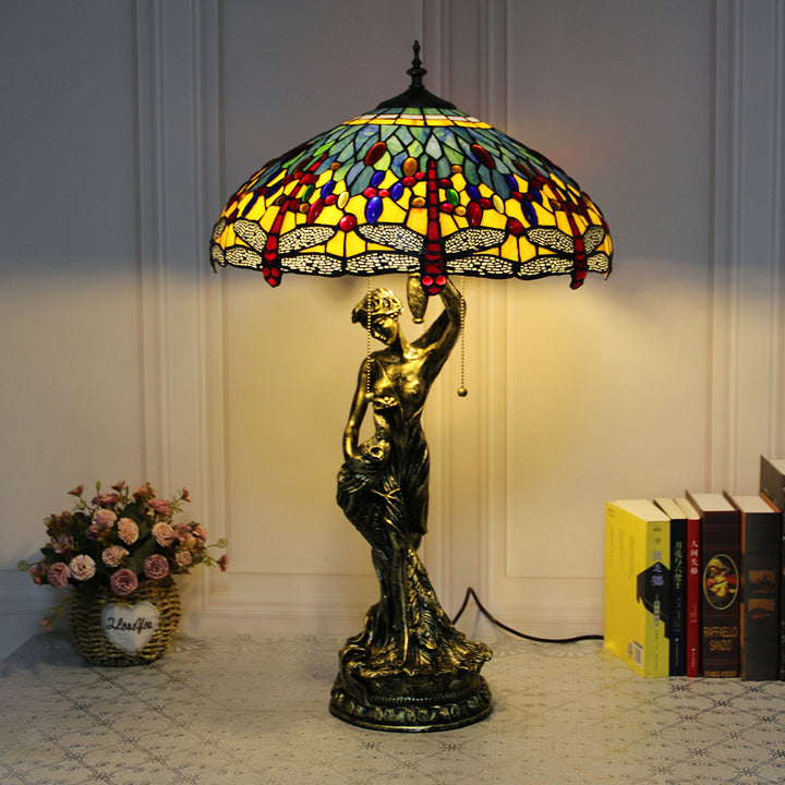 Lampe de table à 2 lumières avec base en résine et beauté en verre teinté Tiffany vintage 