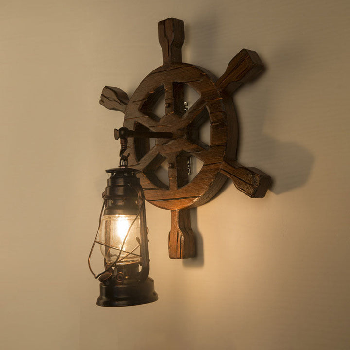Aplique de pared contemporáneo industrial de madera de pino y vidrio con forma de timón de barco y lámpara de queroseno de 1 luz para salón y dormitorio 
