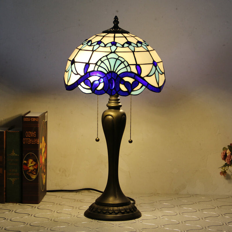 Vintage Tiffany Baroque Stained Glass Dome Pull Cord 1-Light Table Lamp