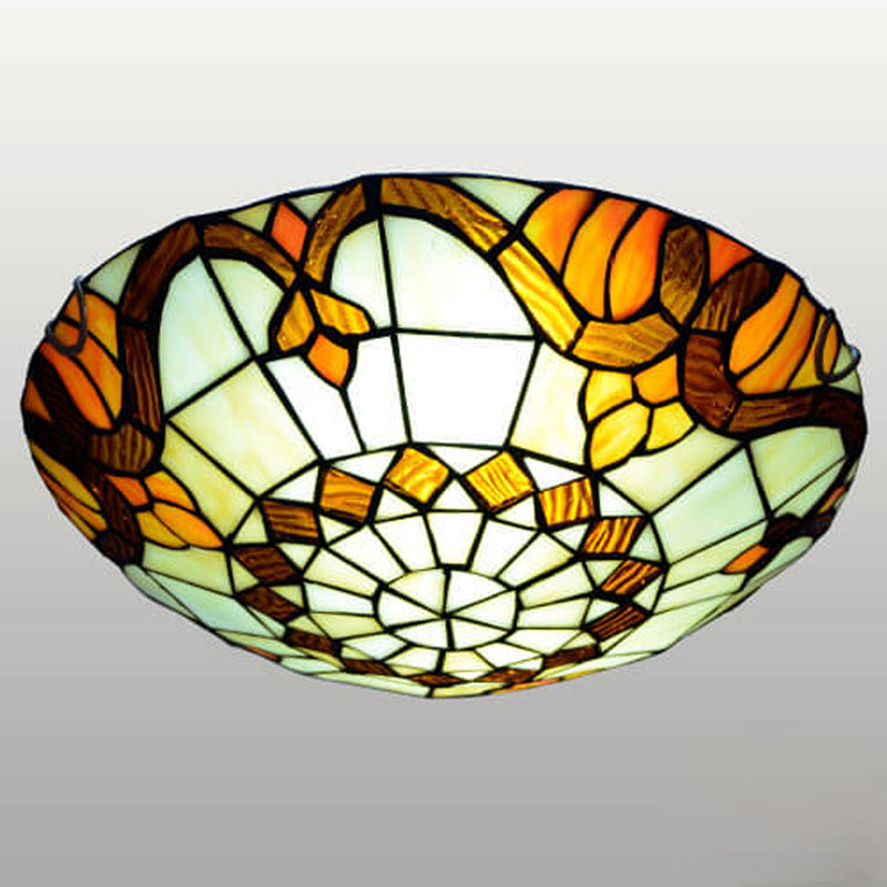 European Tiffany Round Flower Stained Glass 2/3 Light Flush Mount Ceiling Light