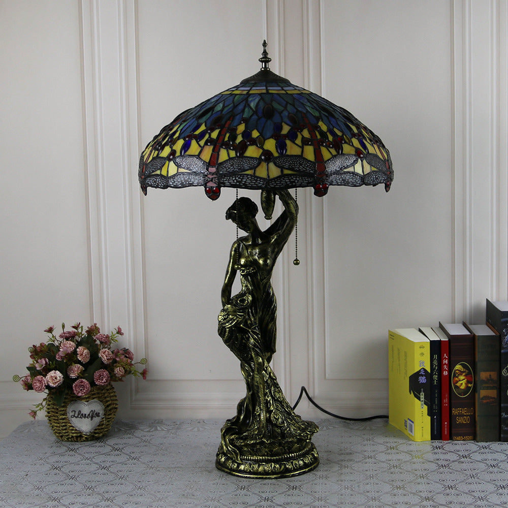 Lampe de table à 2 lumières avec base en résine et beauté en verre teinté Tiffany vintage 