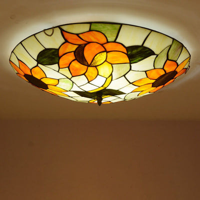 Vintage Tiffany Sunflower Round Stained Glass 2/3/4 Light Flush Mount Ceiling Light