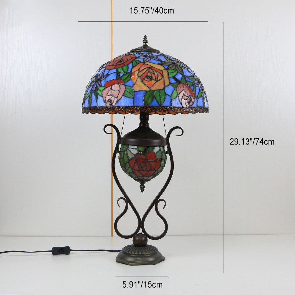 Traditional Tiffany Floral Stained Glass Iron Resin Round Pot 3-Light Table Lamp For Bedroom