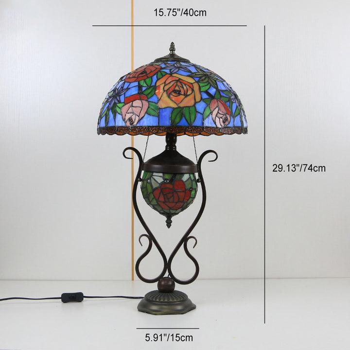 Traditional Tiffany Floral Stained Glass Iron Resin Round Pot 3-Light Table Lamp For Bedroom