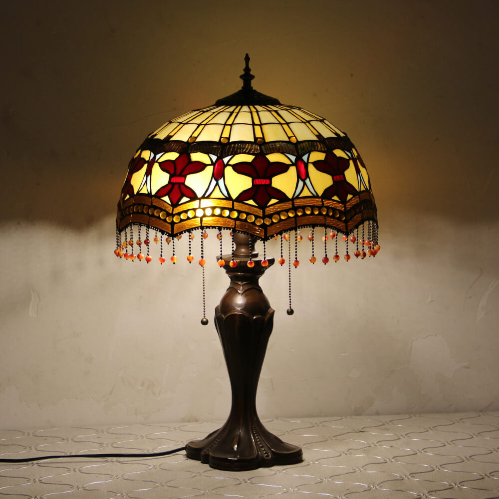 Lampe de table Tiffany avec fleur rétro européenne en verre teinté à 1 lumière avec cordon de tirage 