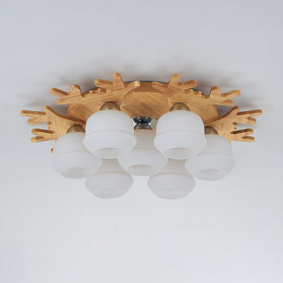 Nordic Solid Wood Antler Frosted Glass Round Shade 3/5/7 Light Flush Mount Ceiling Light