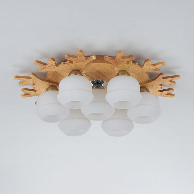 Nordic Solid Wood Antler Frosted Glass Round Shade 3/5/7 Light Flush Mount Ceiling Light