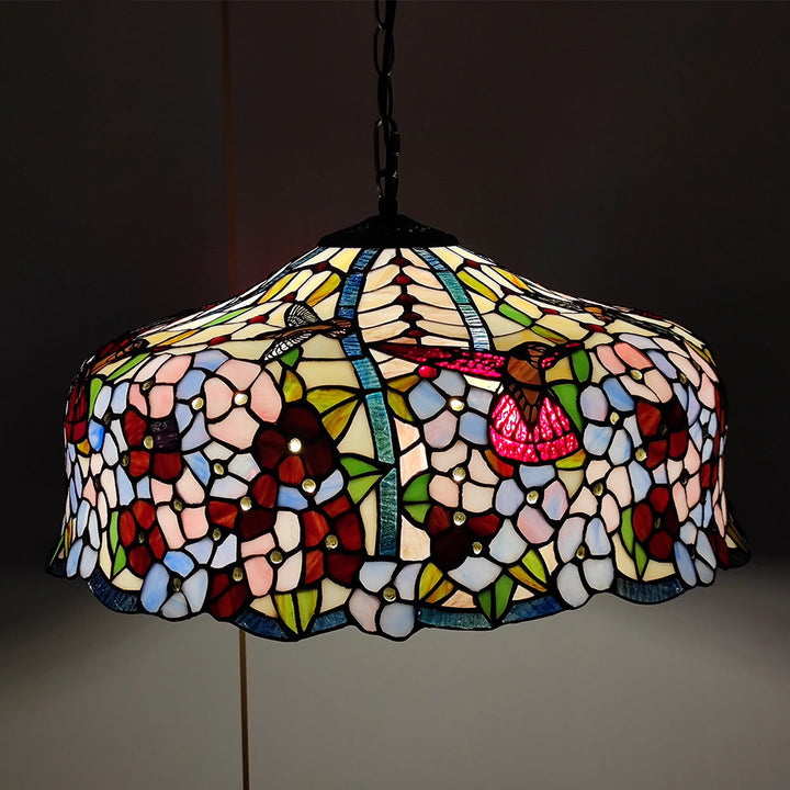 Traditioneller Tiffany-Dom-Wandglas-Rund-Dragonfly-Blumen-2-Licht-Kronleuchter für das Wohnzimmer 