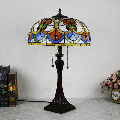 Lámpara de mesa de 2 luces con cordón de tiro en forma de cono de vidrio teñido estilo Tiffany Mediterráneo 