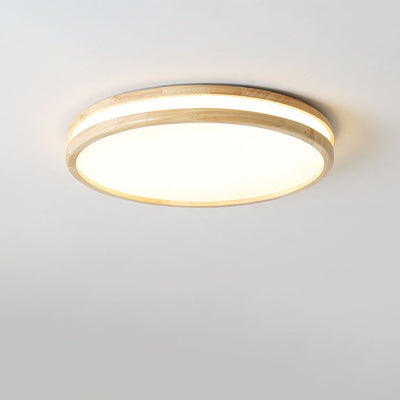 Japanese Simple Round Wooden Thin LED Flush Mount Ceiling Light