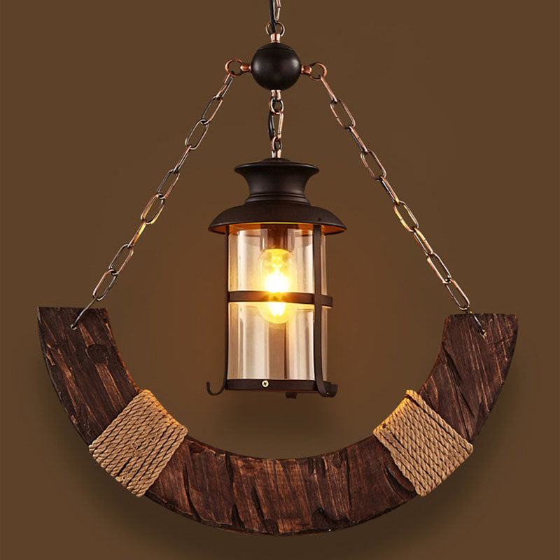 Traditional Farmhouse Arched Wooden Beam Iron Chain 1-Light Pendant Light For Entertainment Room