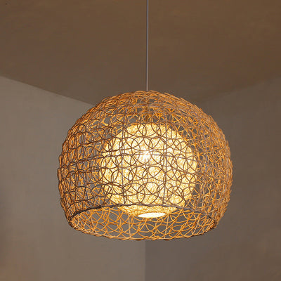 Contemporary Boho Rattan Weaving Cage 1-Light Pendant Light For Dining Room