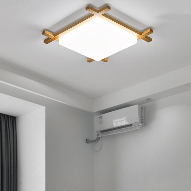 Traditional Japanese Wood Acrylic Square Tatami LED Flush Mount Ceiling Light For Bedroom