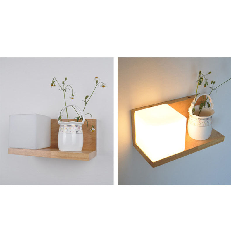 Moderne kreative 1-flammige quadratische Wandleuchte aus Gummibaumholz und Glas für Wohnzimmer &amp; Schlafzimmer 