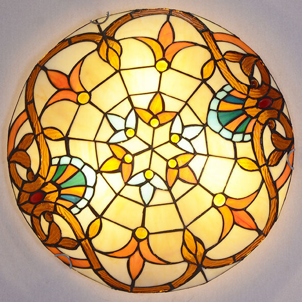 Traditionelle runde Deckenleuchte im europäischen Barockstil aus Buntglas, Eisen und Kupfer mit 2/3/4 Flammen für das Wohnzimmer 