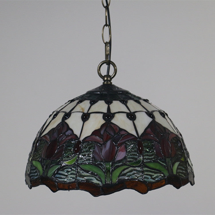 Traditionelle 1-flammige Tiffany-Pendelleuchte mit Blumenmotiv aus Buntglas und Eisenschirm für Wohn- und Schlafzimmer 