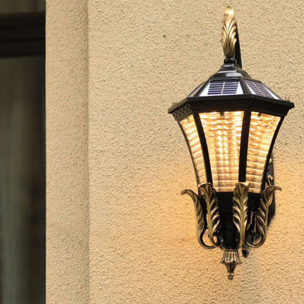 European Solar Hexagonal Lantern Outdoor Waterproof Patio LED Wall Sconce Lamp