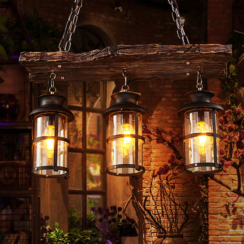 Lustre à 3 lumières en fer avec bande boisée de style ferme traditionnelle pour salle à manger 