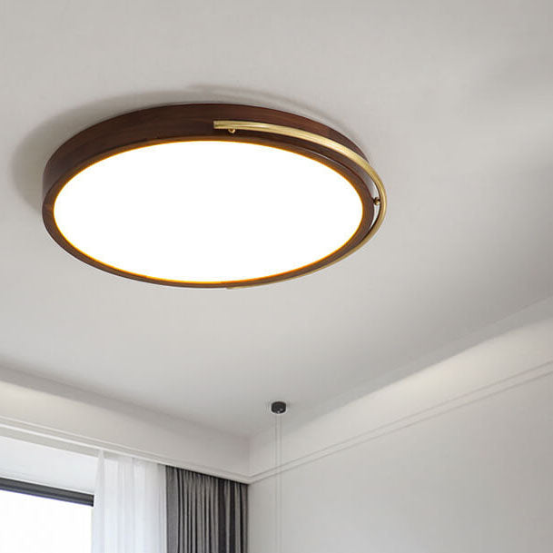 Modern Chinese Walnut Round Copper Ring LED Flush Mount Ceiling Light