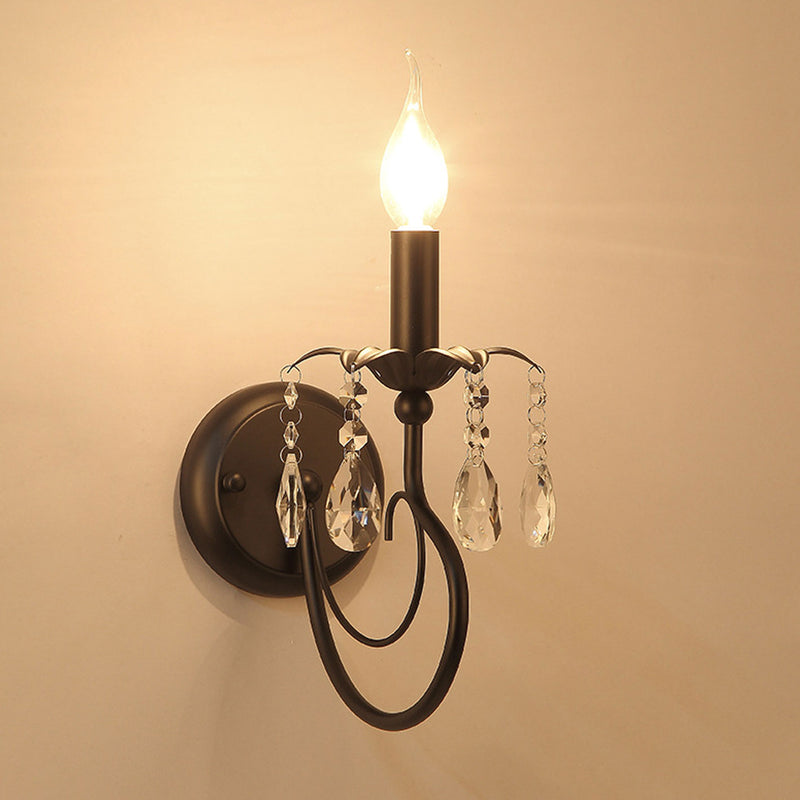 European Rustic Vintage Wrought Iron Crystal 1-Light Wall Sconce Lamp