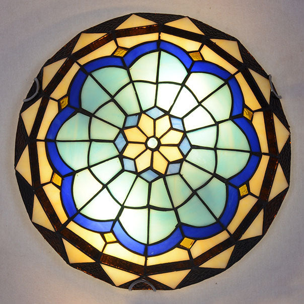 Tiffany Mediterranean Blue Stained Glass Round 2/3/4 Light Flush Mount Ceiling Light