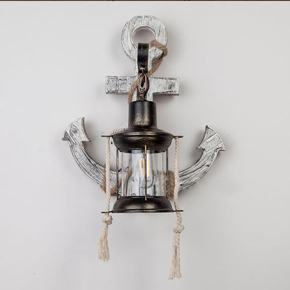 Aplique de pared de 1 luz con ancla de barco vintage industrial de madera maciza 