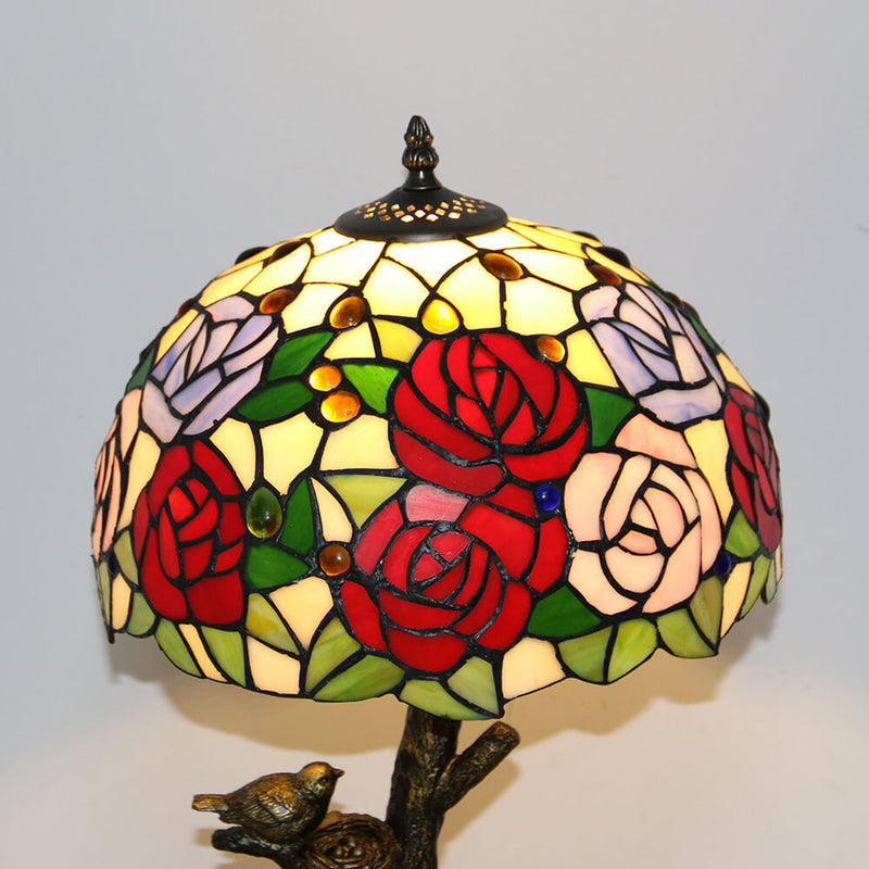 Lampe de table à 1 lumière en verre teinté avec design de papillon et rose Art Tiffany 