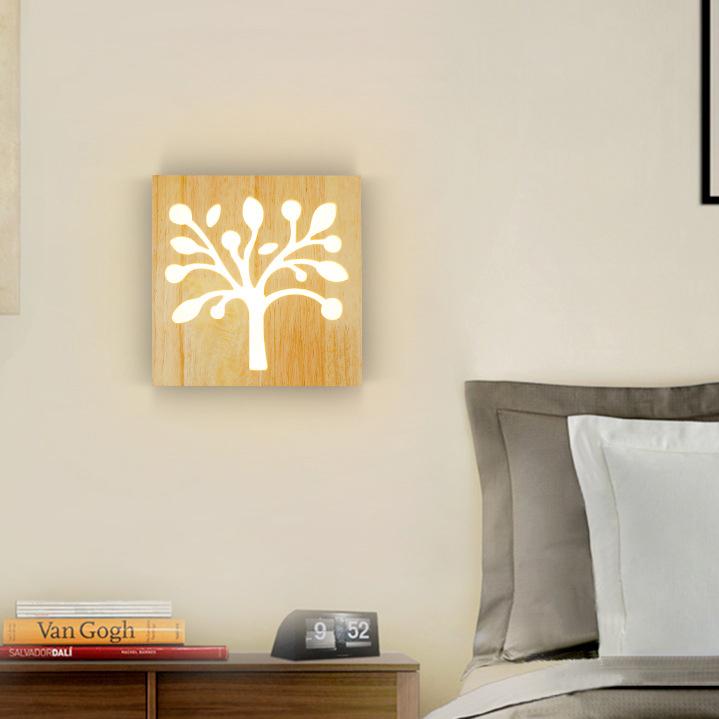 Moderne kreative Massivholz Happy Tree &amp; Geweih Muster LED Wandleuchte Lampe 