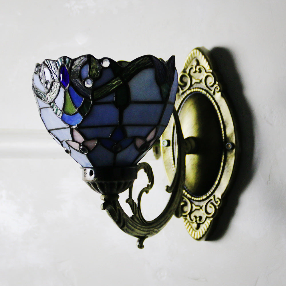 Traditional Tiffany Baroque Stained Glass Iron Round Bowl 1-Light Wall Sconce Lamp for Living Room