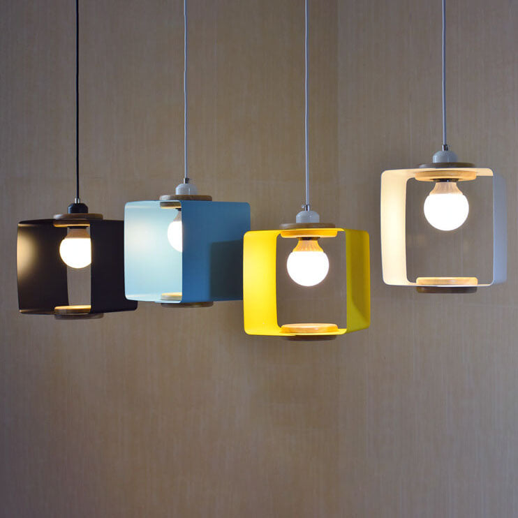 Nordic Creative Iron Solid Wood Square Geometry 1-Light Pendant Light