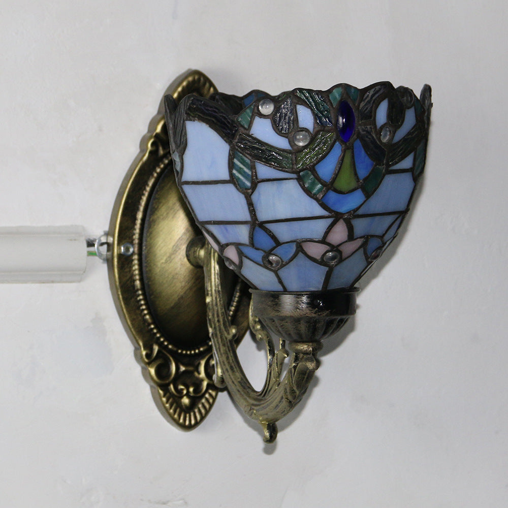 Traditional Tiffany Baroque Stained Glass Iron Round Bowl 1-Light Wall Sconce Lamp for Living Room