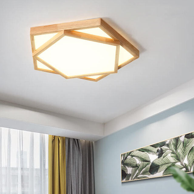 Modern Nordic Solid Wood Geometric LED Flush Mount Lighting Ceiling Light