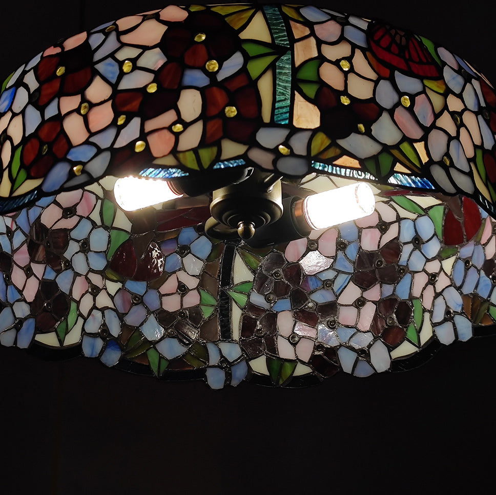 Traditioneller Tiffany-Dom-Wandglas-Rund-Dragonfly-Blumen-2-Licht-Kronleuchter für das Wohnzimmer 