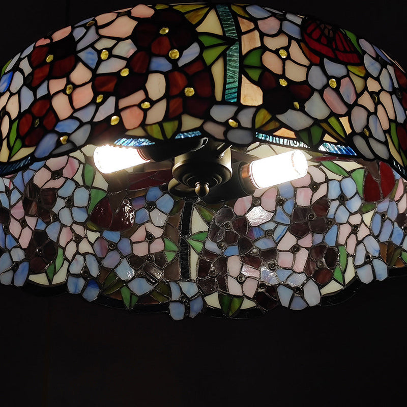 European Style Tiffany Dome Stained Glass Dragonfly Flower 2-Light Chandelier